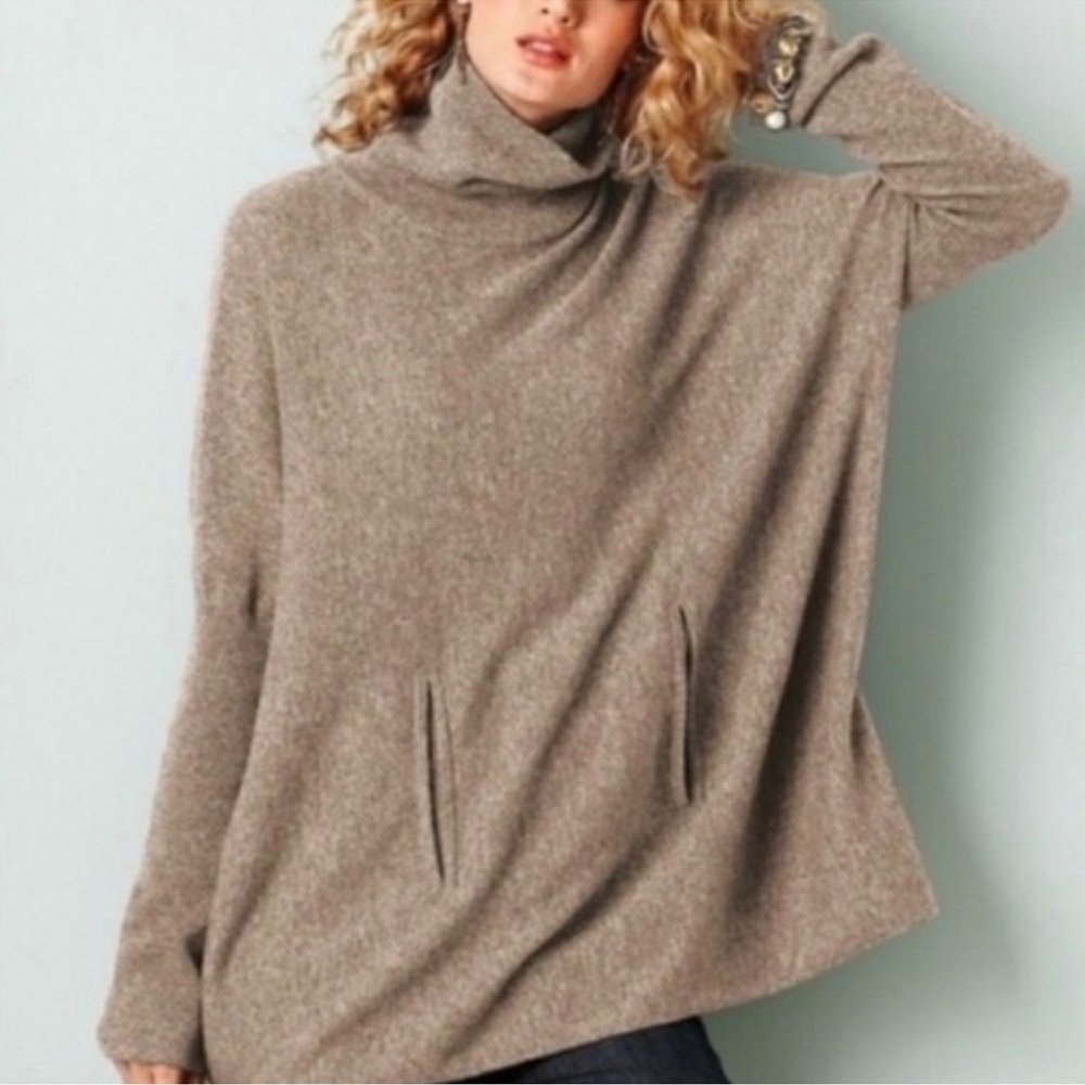 Garnet Hill Cashmere Wool Blend Oversized Turtleneck Sweater Light Mocha L - Picture 2 of 14